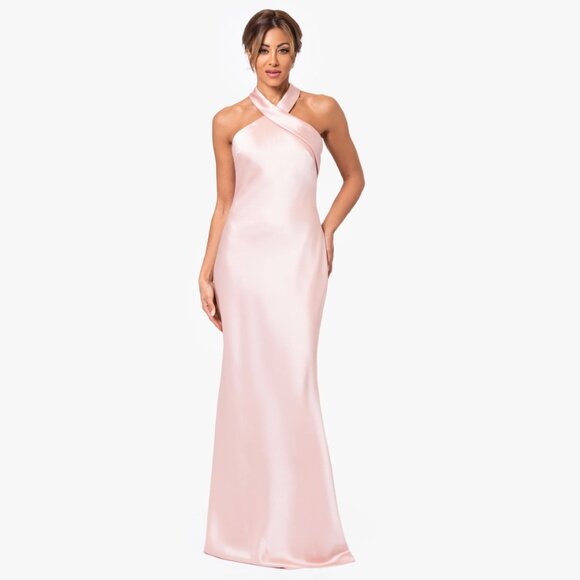 NWT Xscape Rose Pink "Francesca" Satin Halter Tie Neck Floor Length Dress Size 6 - Picture 1 of 13